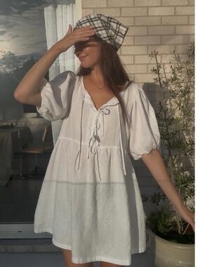 NWT 100% Linen(Small Batch) Marlow and Mae Market Mini Dress White S Niche Brand